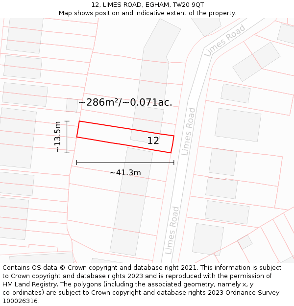 12, LIMES ROAD, EGHAM, TW20 9QT: Plot and title map