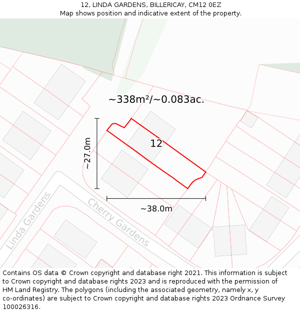 12, LINDA GARDENS, BILLERICAY, CM12 0EZ: Plot and title map
