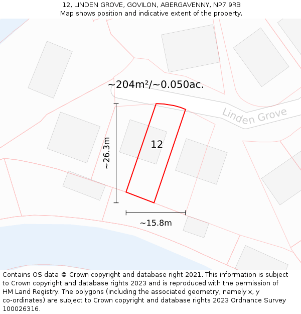 12, LINDEN GROVE, GOVILON, ABERGAVENNY, NP7 9RB: Plot and title map