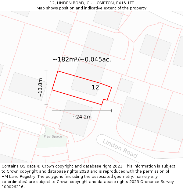 12, LINDEN ROAD, CULLOMPTON, EX15 1TE: Plot and title map