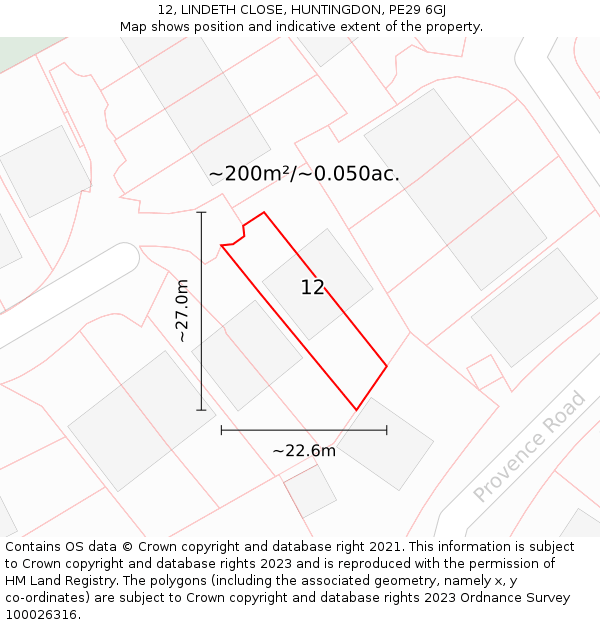 12, LINDETH CLOSE, HUNTINGDON, PE29 6GJ: Plot and title map