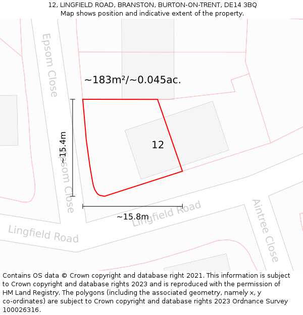 12, LINGFIELD ROAD, BRANSTON, BURTON-ON-TRENT, DE14 3BQ: Plot and title map