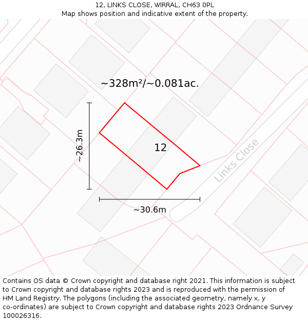 12, LINKS CLOSE, WIRRAL, CH63 0PL: Plot and title map