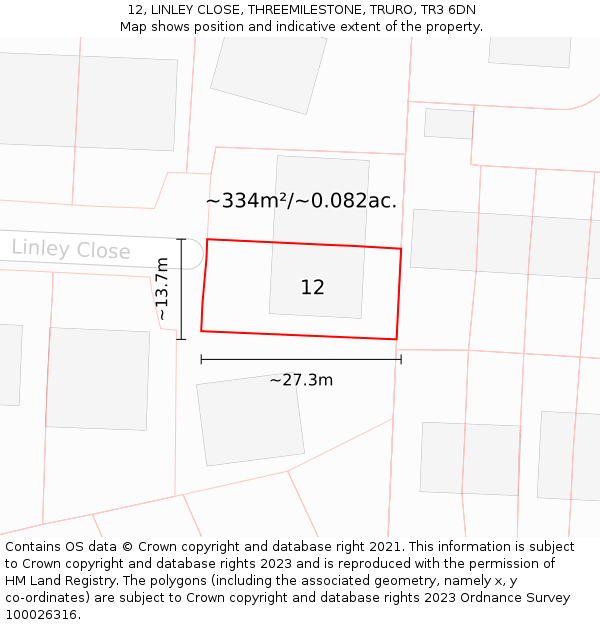 12, LINLEY CLOSE, THREEMILESTONE, TRURO, TR3 6DN: Plot and title map