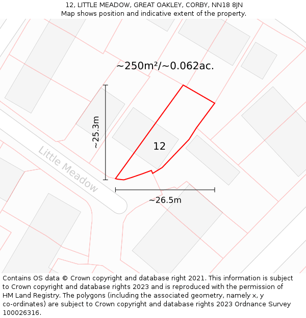 12, LITTLE MEADOW, GREAT OAKLEY, CORBY, NN18 8JN: Plot and title map