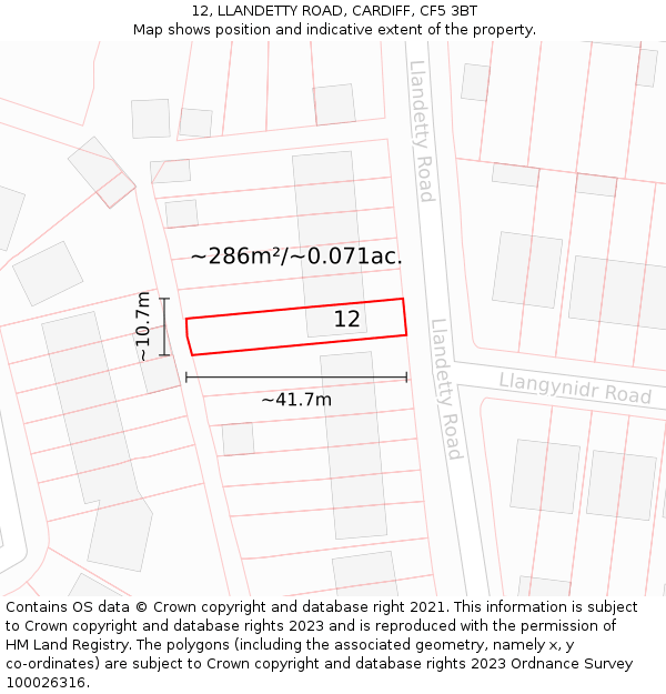 12, LLANDETTY ROAD, CARDIFF, CF5 3BT: Plot and title map