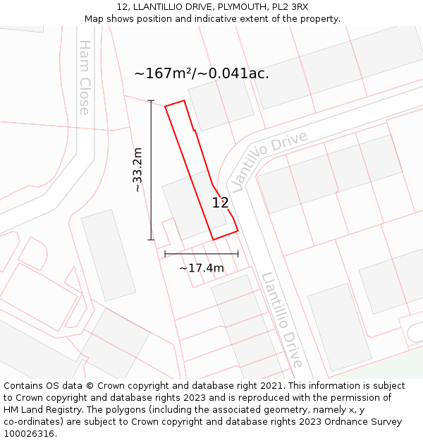 12, LLANTILLIO DRIVE, PLYMOUTH, PL2 3RX: Plot and title map