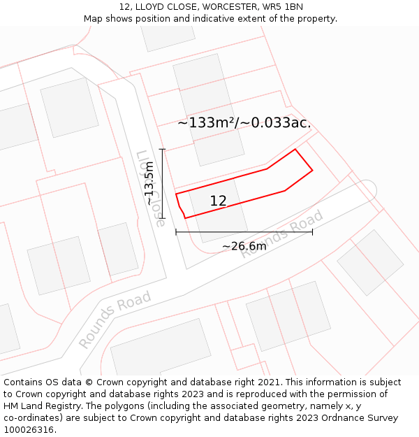 12, LLOYD CLOSE, WORCESTER, WR5 1BN: Plot and title map