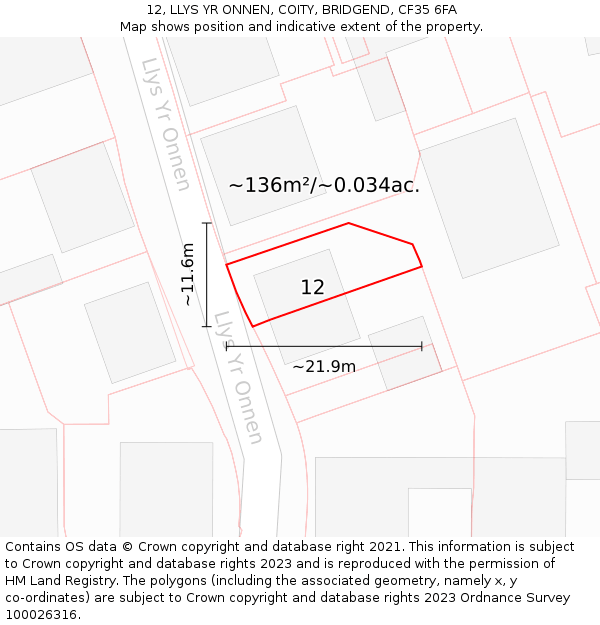 12, LLYS YR ONNEN, COITY, BRIDGEND, CF35 6FA: Plot and title map
