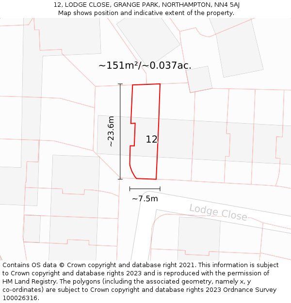 12, LODGE CLOSE, GRANGE PARK, NORTHAMPTON, NN4 5AJ: Plot and title map