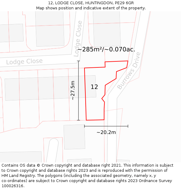 12, LODGE CLOSE, HUNTINGDON, PE29 6GR: Plot and title map