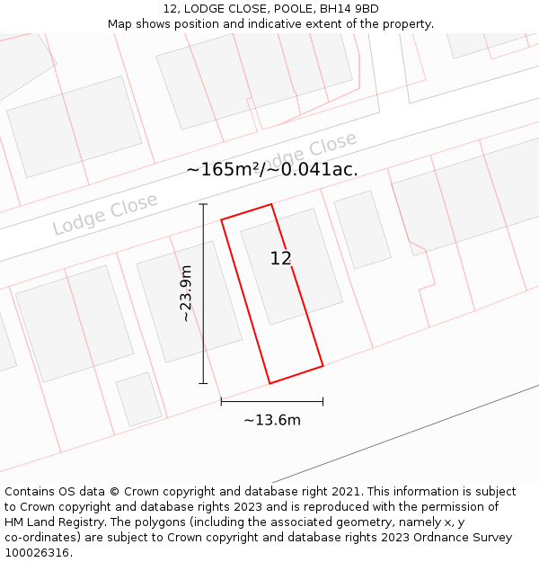 12, LODGE CLOSE, POOLE, BH14 9BD: Plot and title map