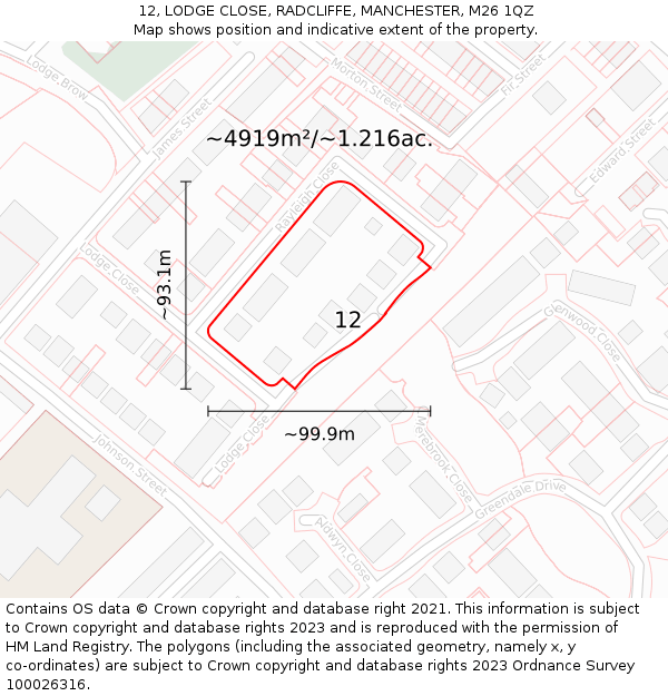 12, LODGE CLOSE, RADCLIFFE, MANCHESTER, M26 1QZ: Plot and title map