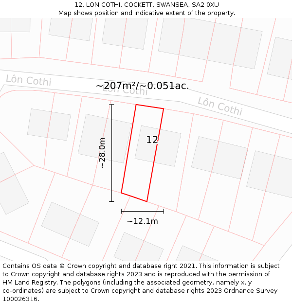 12, LON COTHI, COCKETT, SWANSEA, SA2 0XU: Plot and title map