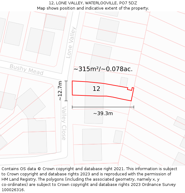 12, LONE VALLEY, WATERLOOVILLE, PO7 5DZ: Plot and title map