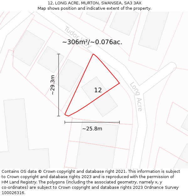 12, LONG ACRE, MURTON, SWANSEA, SA3 3AX: Plot and title map