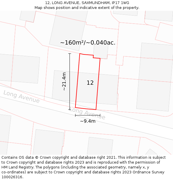 12, LONG AVENUE, SAXMUNDHAM, IP17 1WG: Plot and title map
