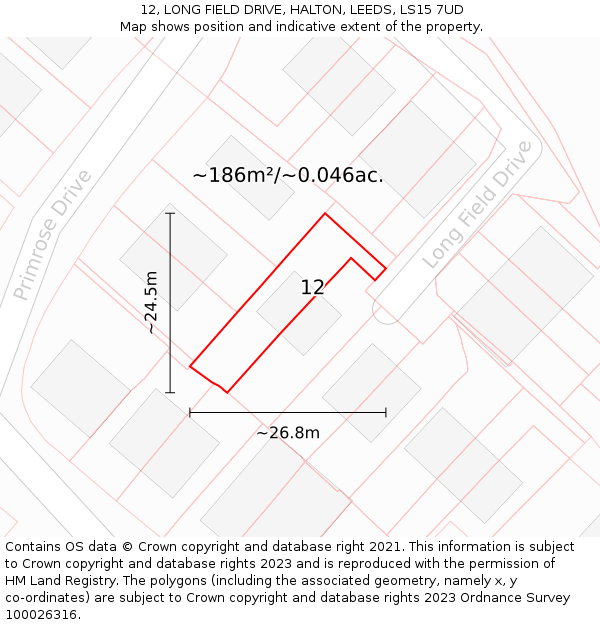 12, LONG FIELD DRIVE, HALTON, LEEDS, LS15 7UD: Plot and title map
