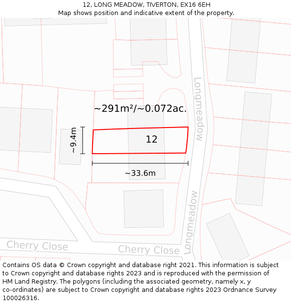 12, LONG MEADOW, TIVERTON, EX16 6EH: Plot and title map
