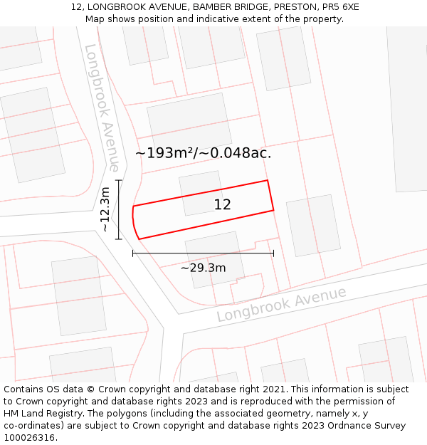 12, LONGBROOK AVENUE, BAMBER BRIDGE, PRESTON, PR5 6XE: Plot and title map