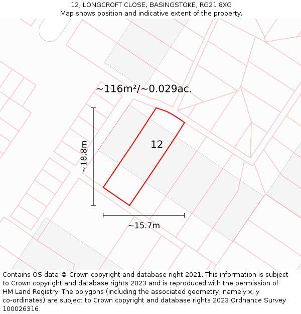 12, LONGCROFT CLOSE, BASINGSTOKE, RG21 8XG: Plot and title map