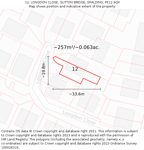 12, LONGDON CLOSE, SUTTON BRIDGE, SPALDING, PE12 9QX: Plot and title map