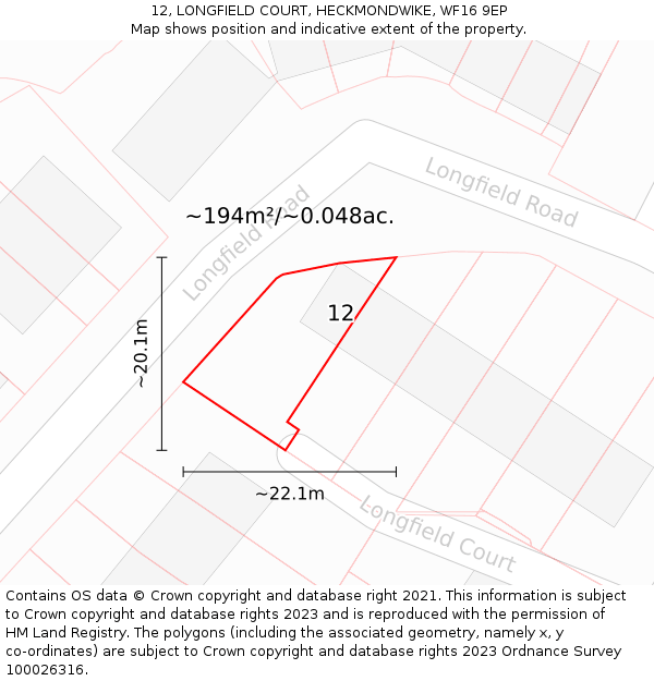 12, LONGFIELD COURT, HECKMONDWIKE, WF16 9EP: Plot and title map
