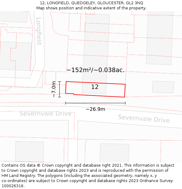 12, LONGFIELD, QUEDGELEY, GLOUCESTER, GL2 3NQ: Plot and title map
