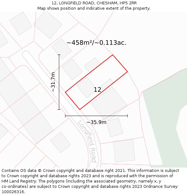 12, LONGFIELD ROAD, CHESHAM, HP5 2RR: Plot and title map