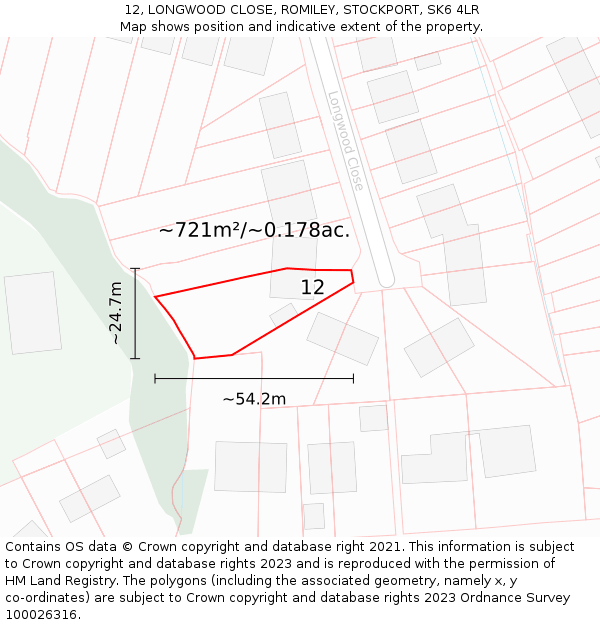 12, LONGWOOD CLOSE, ROMILEY, STOCKPORT, SK6 4LR: Plot and title map