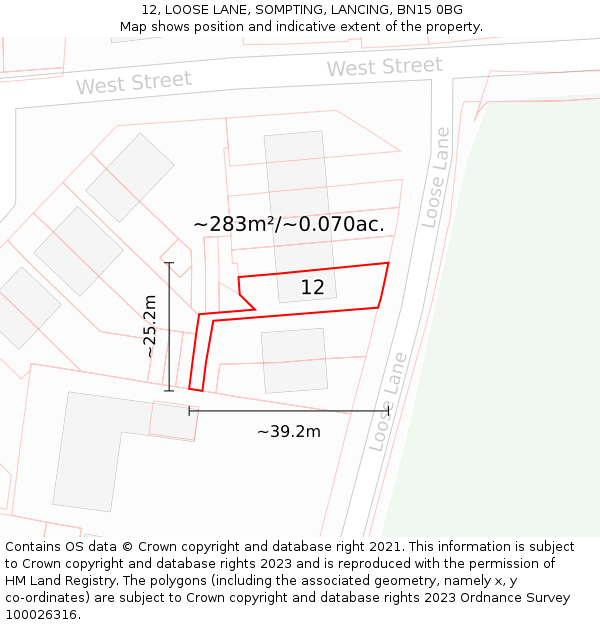 12, LOOSE LANE, SOMPTING, LANCING, BN15 0BG: Plot and title map