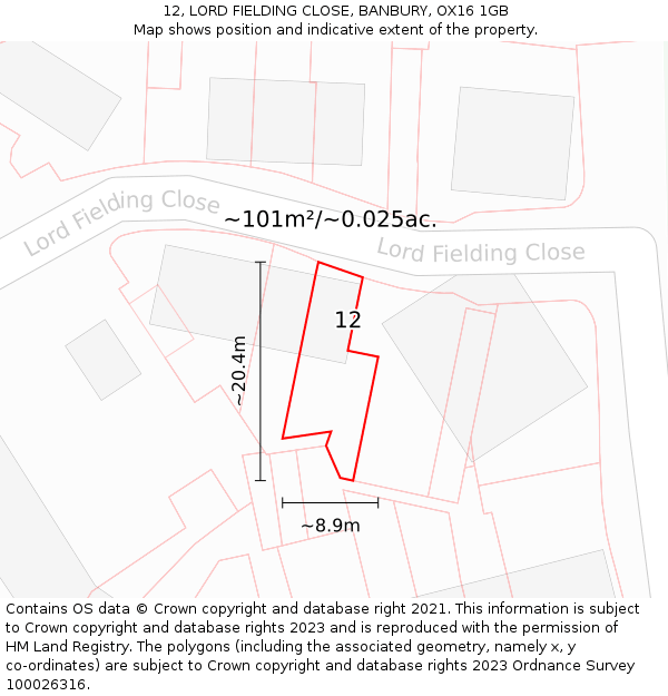 12, LORD FIELDING CLOSE, BANBURY, OX16 1GB: Plot and title map
