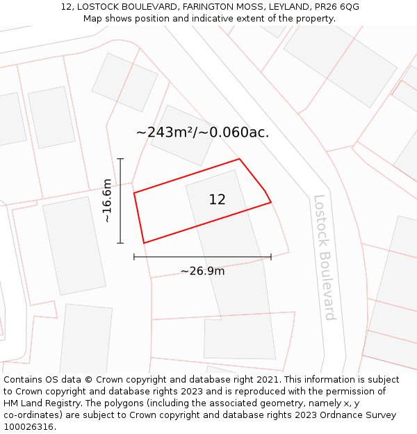 12, LOSTOCK BOULEVARD, FARINGTON MOSS, LEYLAND, PR26 6QG: Plot and title map
