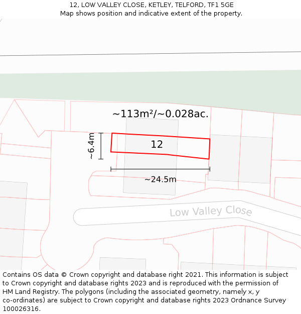 12, LOW VALLEY CLOSE, KETLEY, TELFORD, TF1 5GE: Plot and title map