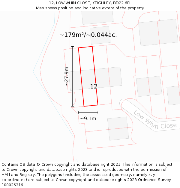 12, LOW WHIN CLOSE, KEIGHLEY, BD22 6FH: Plot and title map