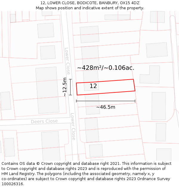 12, LOWER CLOSE, BODICOTE, BANBURY, OX15 4DZ: Plot and title map