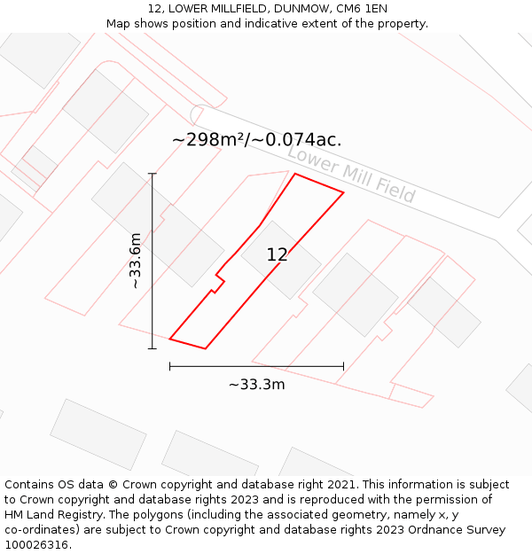 12, LOWER MILLFIELD, DUNMOW, CM6 1EN: Plot and title map