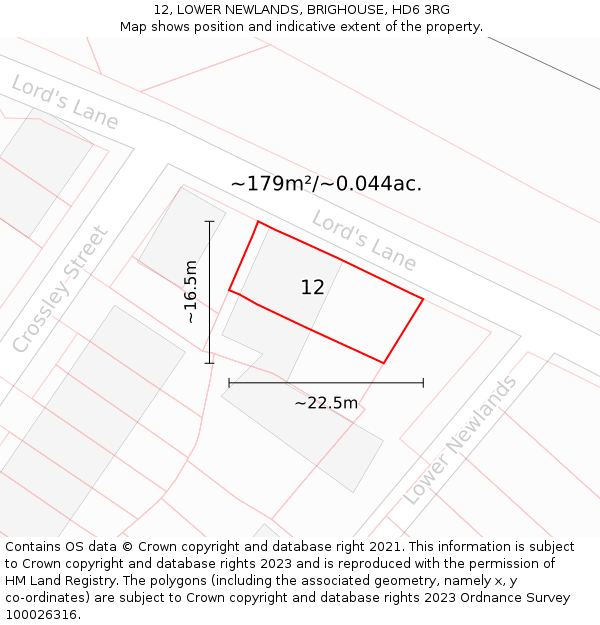 12, LOWER NEWLANDS, BRIGHOUSE, HD6 3RG: Plot and title map