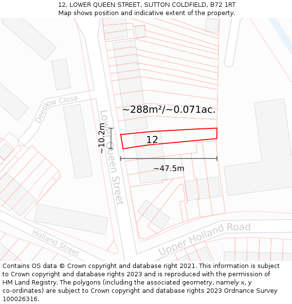 12, LOWER QUEEN STREET, SUTTON COLDFIELD, B72 1RT: Plot and title map