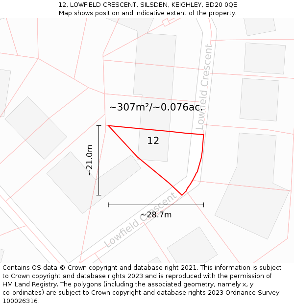 12, LOWFIELD CRESCENT, SILSDEN, KEIGHLEY, BD20 0QE: Plot and title map