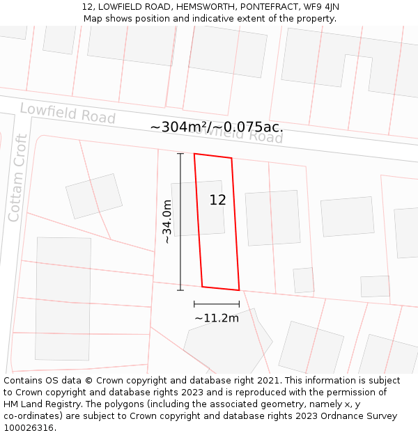 12, LOWFIELD ROAD, HEMSWORTH, PONTEFRACT, WF9 4JN: Plot and title map