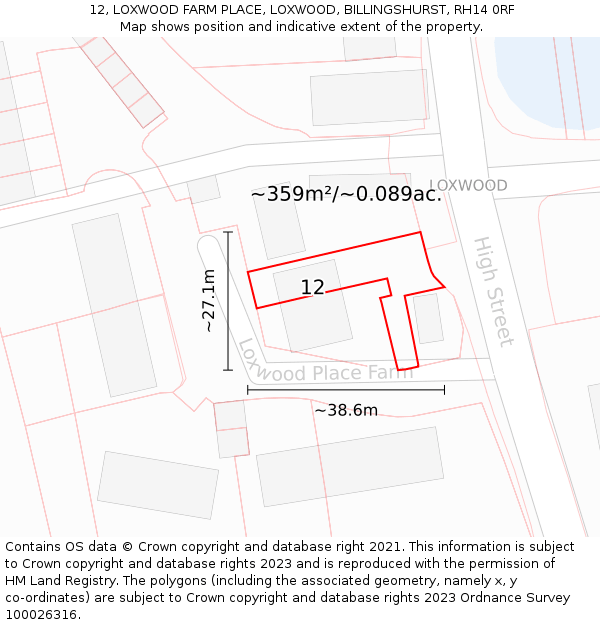 12, LOXWOOD FARM PLACE, LOXWOOD, BILLINGSHURST, RH14 0RF: Plot and title map