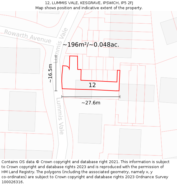 12, LUMMIS VALE, KESGRAVE, IPSWICH, IP5 2FJ: Plot and title map