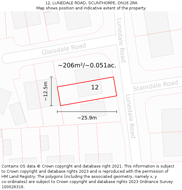 12, LUNEDALE ROAD, SCUNTHORPE, DN16 2RA: Plot and title map