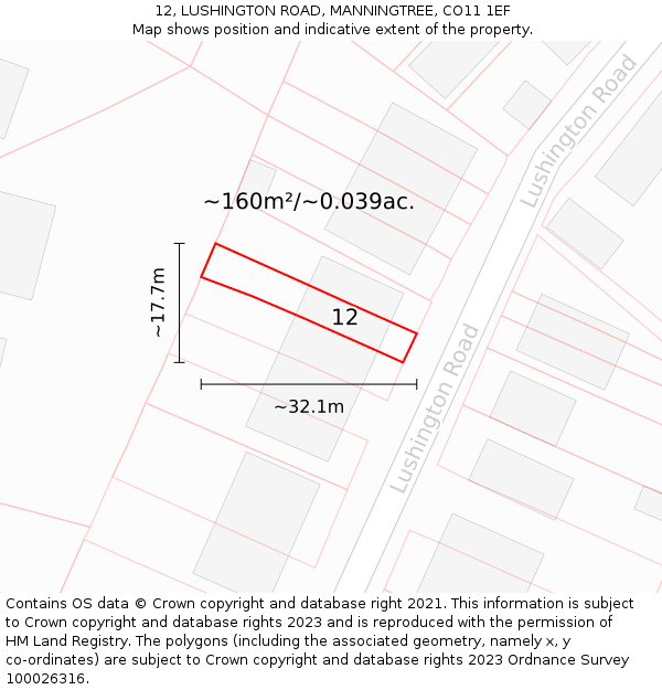 12, LUSHINGTON ROAD, MANNINGTREE, CO11 1EF: Plot and title map