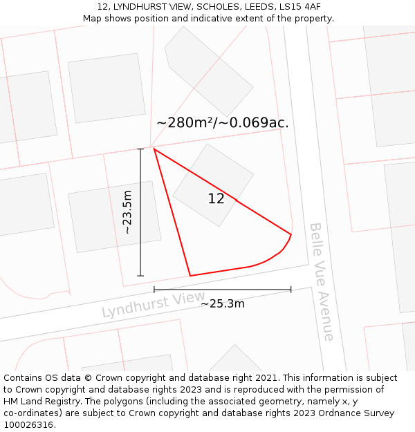 12, LYNDHURST VIEW, SCHOLES, LEEDS, LS15 4AF: Plot and title map
