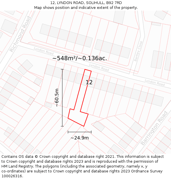 12, LYNDON ROAD, SOLIHULL, B92 7RD: Plot and title map