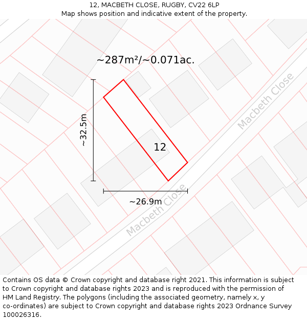 12, MACBETH CLOSE, RUGBY, CV22 6LP: Plot and title map