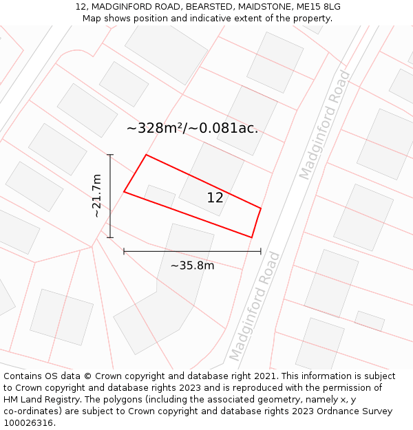 12, MADGINFORD ROAD, BEARSTED, MAIDSTONE, ME15 8LG: Plot and title map