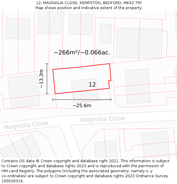 12, MAGNOLIA CLOSE, KEMPSTON, BEDFORD, MK42 7RY: Plot and title map